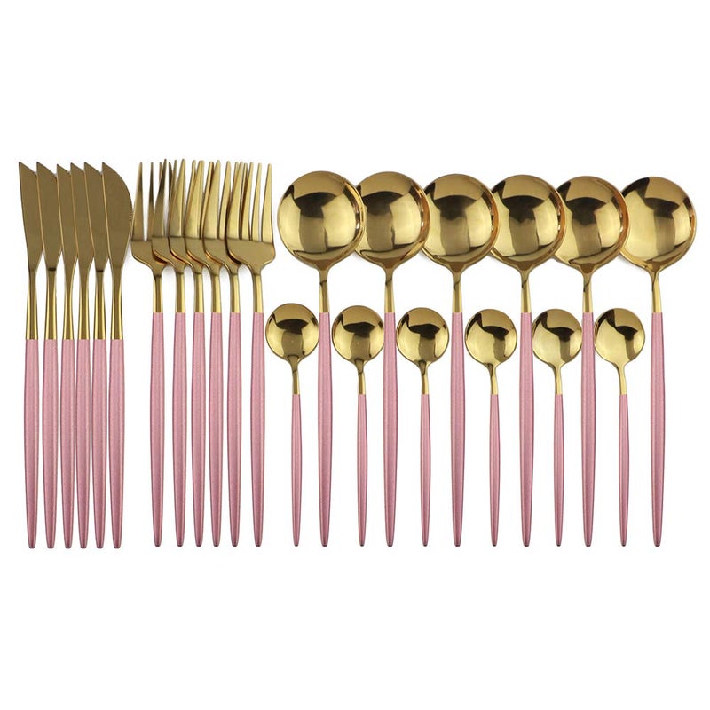 JANKNG 24-Piece Flatware Set, 18/0 Stainless Steel Knife Fork Spoon Teaspoon Silverware Set, Service for 6, Pink Handle Gold - Image 1